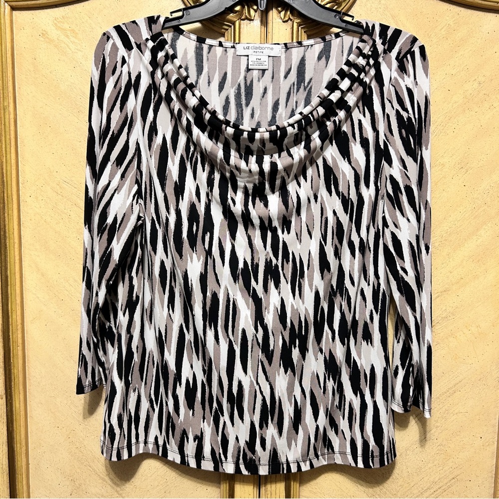 Liz Claiborne Black Taupe & White Drape Front Blouse